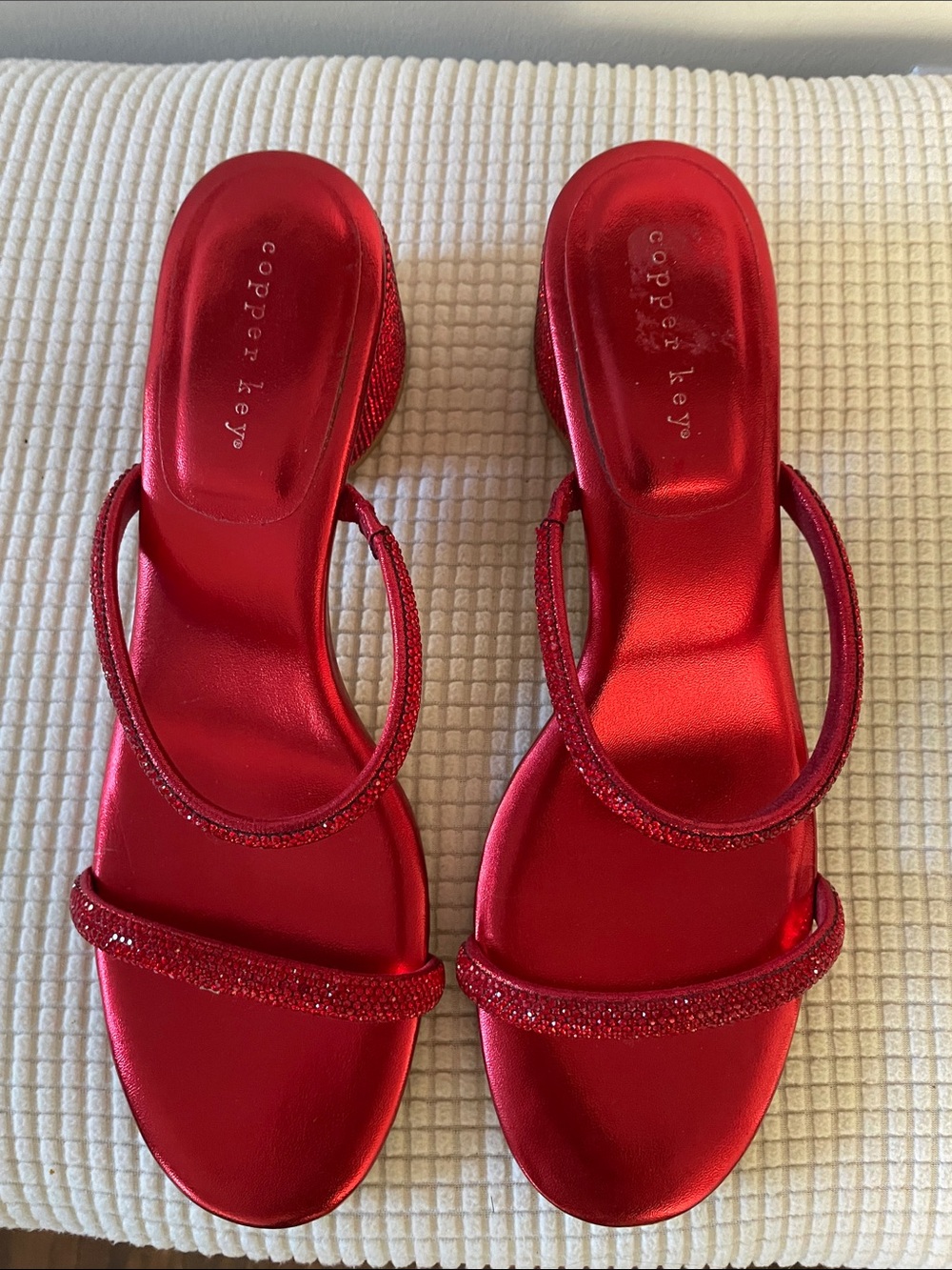 Copper Key Shimmer Red Double-Strap Slide Heels Size 11 Holiday Party Evening